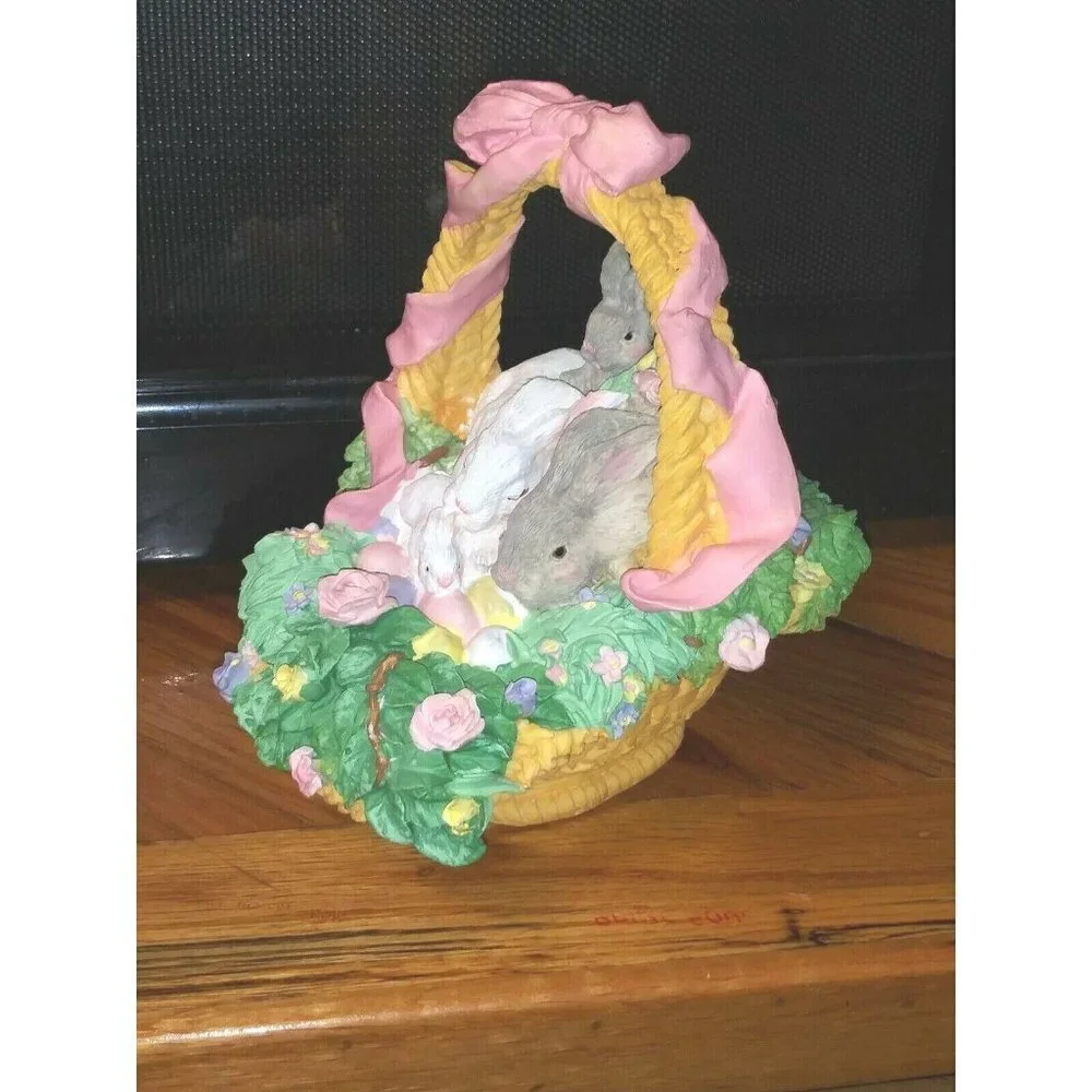 Spring Easter Garden Rabbits Bunny Bunnies in BASKET STATUE figurine resin 7.5